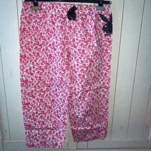 NWOT PLAYBOY Pink Patterned Pajama Crop Cotton Pants with Satin Black Bow Logo M